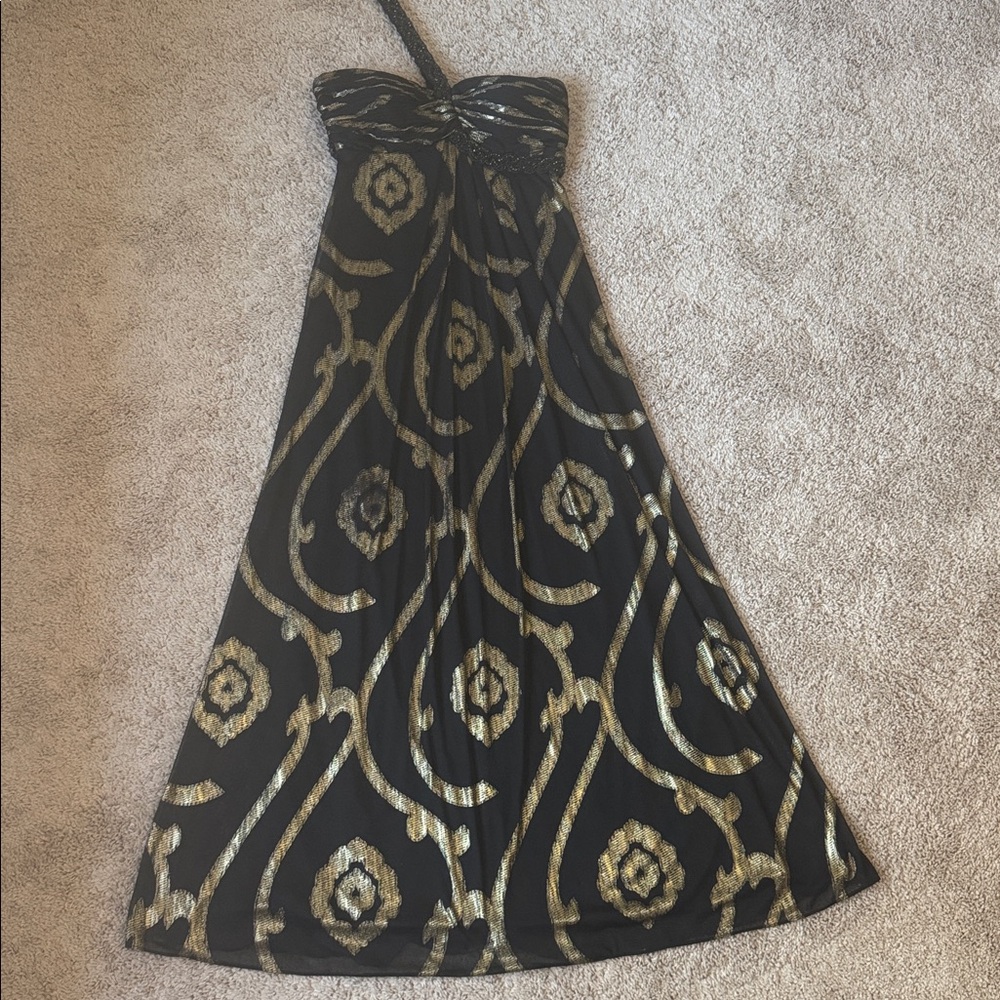 Betsy & Adam Black Metallic Gold Swirl Embellished Maxi Dress Gown size 8